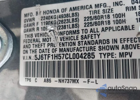 2012 Honda Crosstour Ex-L from USA, damaged, VIN 5J6TF1H57CL004285